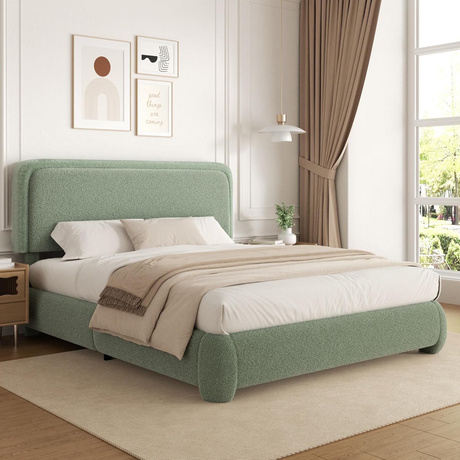 Full Platform Bed Frame with Headboard Boucle Upholstered Anti-Collision Rounded No Box Spring Easy Assembly Noise Free,Customiz