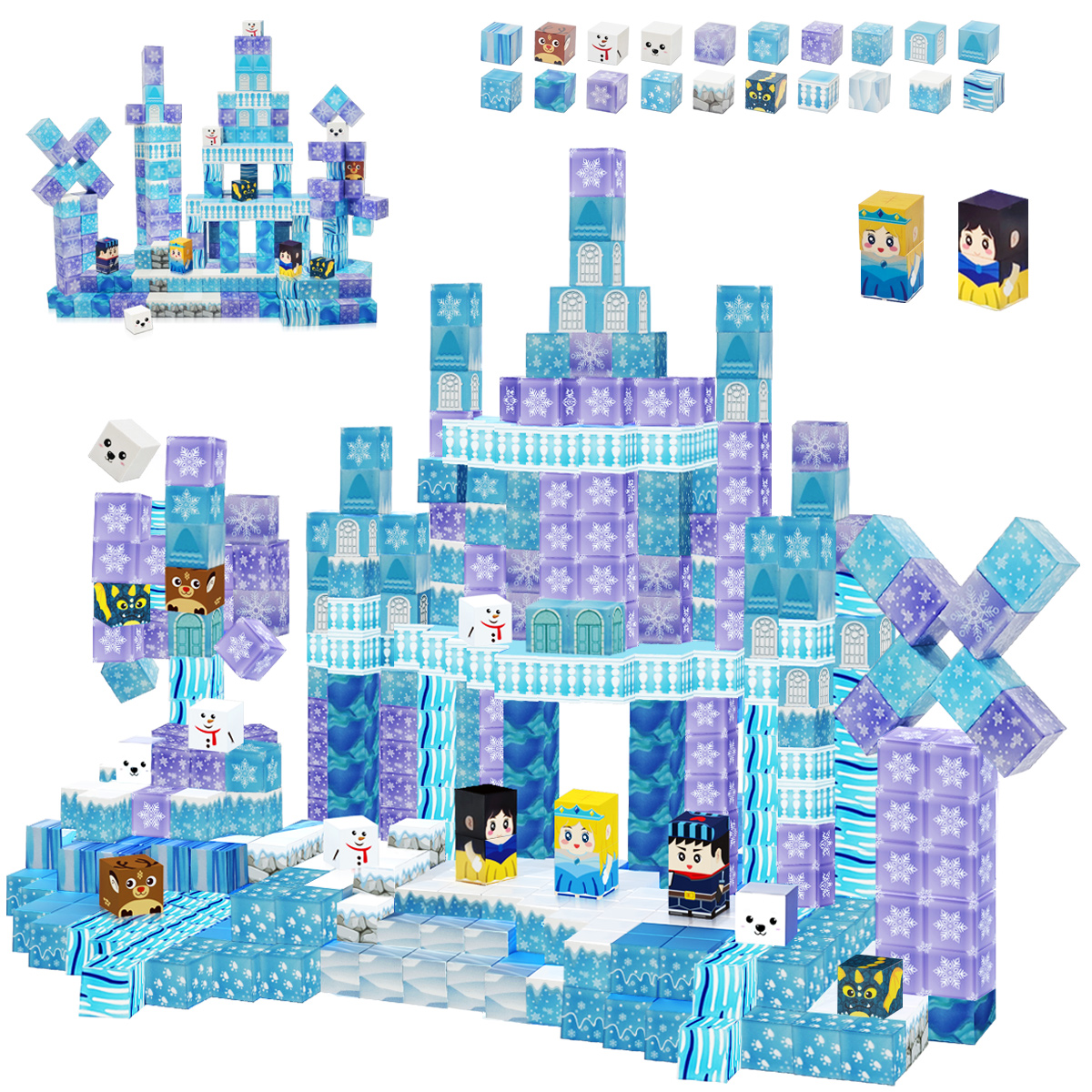 氷と雪の世界マグネットブロックセット、氷と雪の魔法の城のテーマ、プリンセス、ナイト、雪だるまマグネットブロック、マグネットブロ