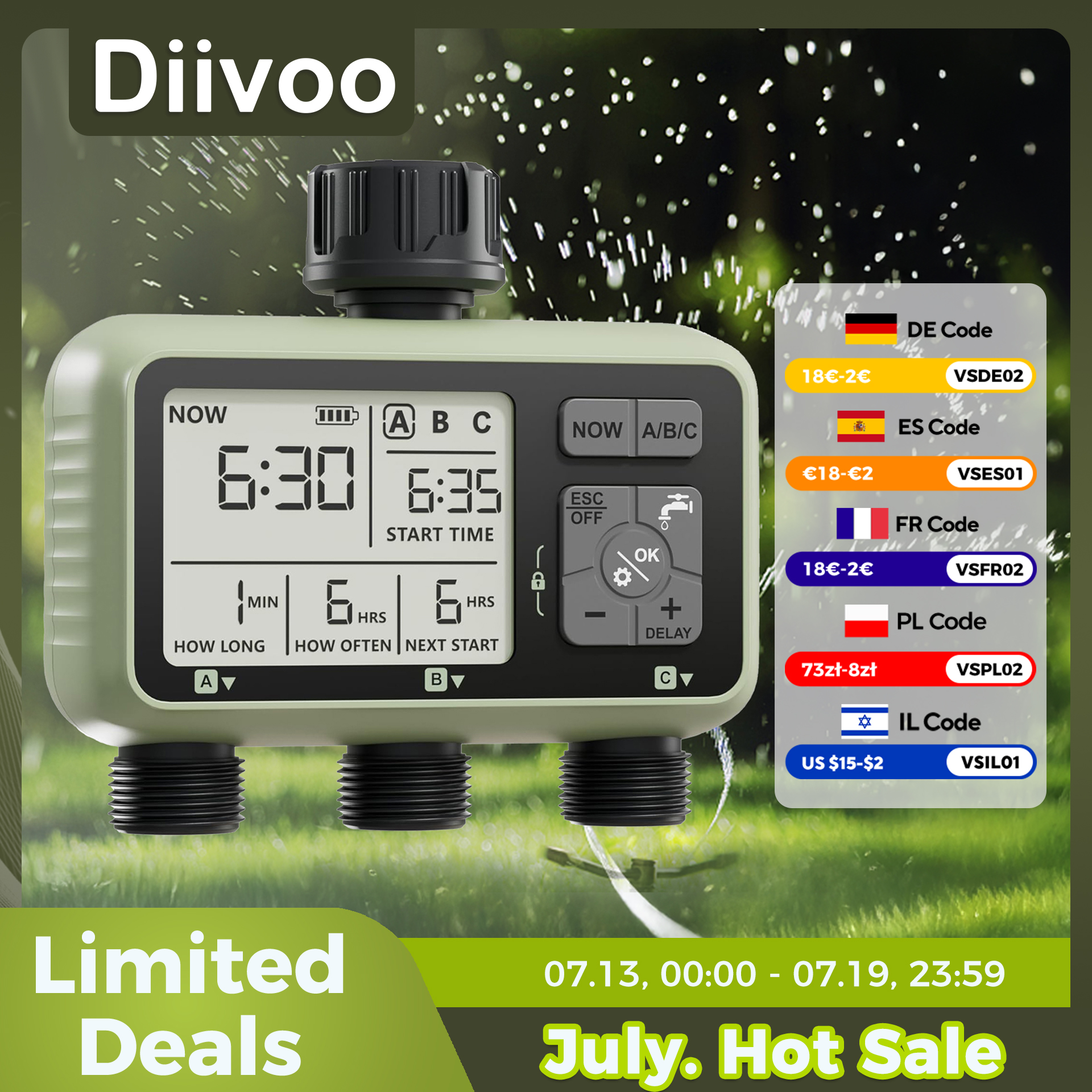 Diivoo ガーデンウォータータイマー 3 ゾーンプログラム可能な自動灌漑タイマー、雨遅延付き 手動/自動モード芝生庭用散水