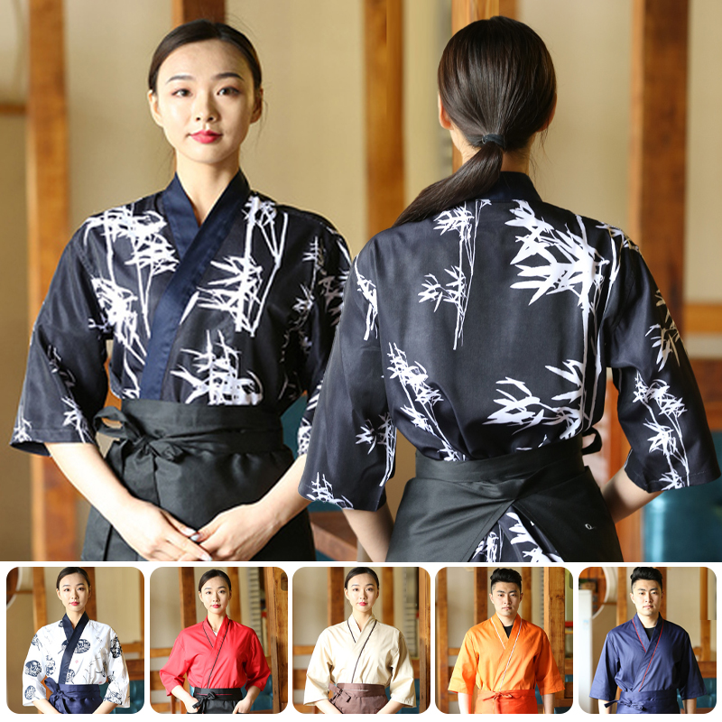 ユニセックス日本韓国スタイルコック制服シャツ着物ウェイター作業服トップスシェフ寿司レストランオーバーオールウェイターワークジャケット