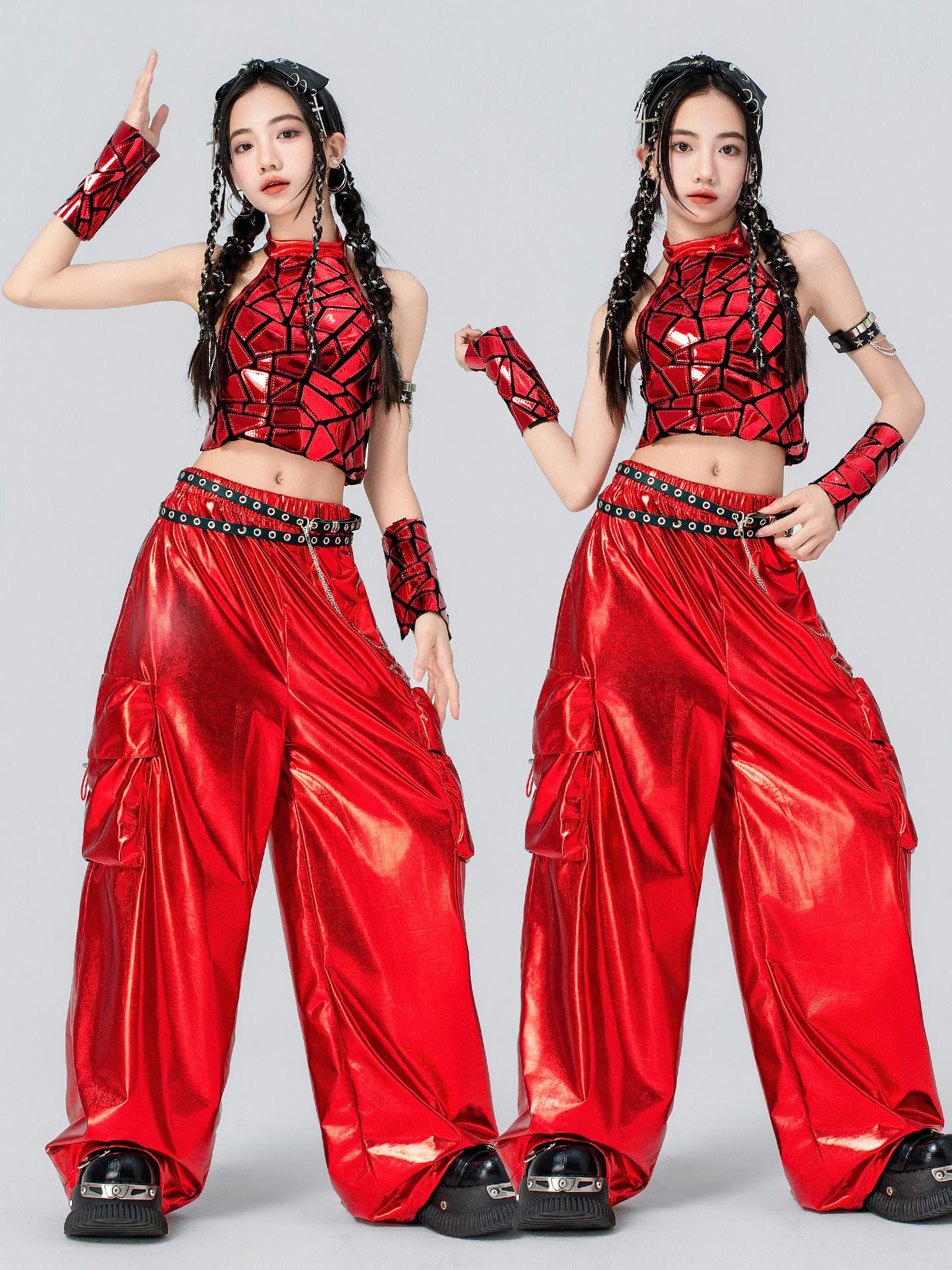 赤ヒップホップダンス衣装女の子ジャズダンスへそトップス光沢のあるパンツ Kpop 衣装キッズファッションステージパフォーマンス服 BL19459