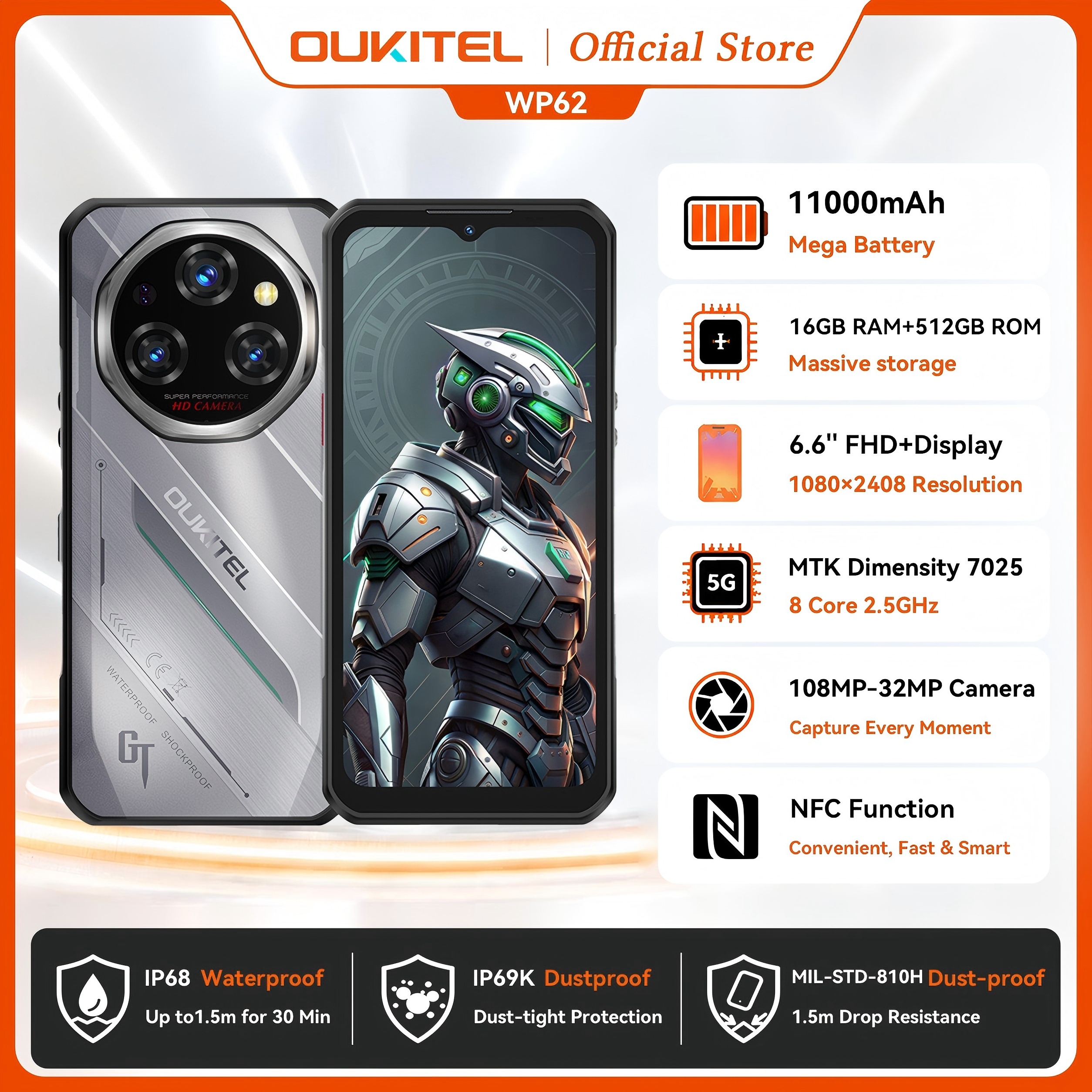 Oukitel WP62 5G 頑丈なスマートフォン Android 15、6.6" FHD 108MP カメラ 48GB(16 32) 512GB 携帯電話、11000mAh 33W 携帯電話