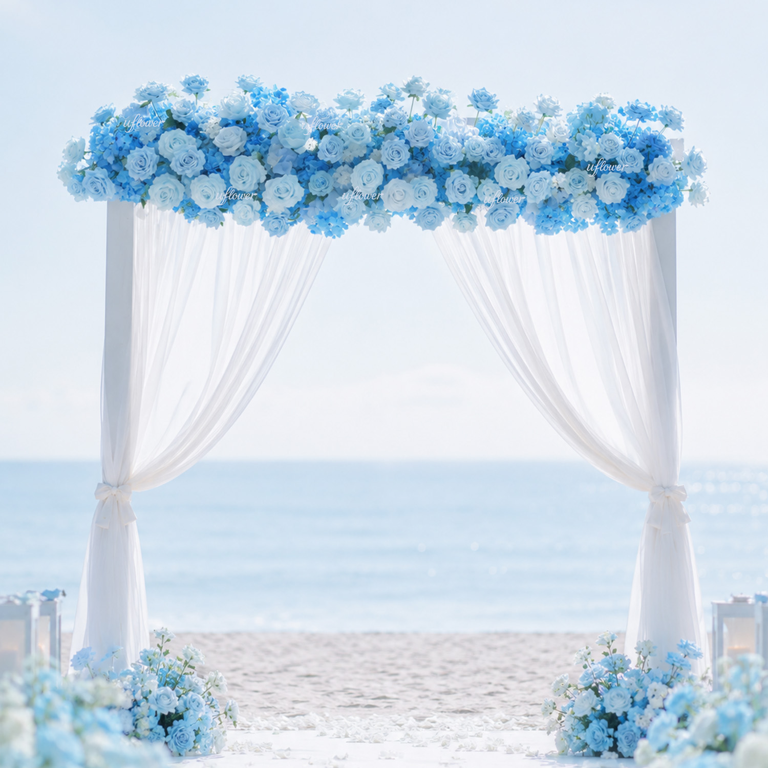 新しいライトブルー造花行ローズアジサイシフォンドレープ結婚式のアーチの装飾テーブルセンターピースパーティー背景装飾