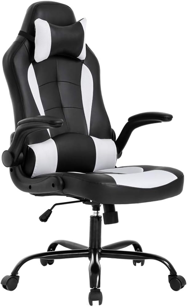 人間工学に基づいたゲーミングオフィスチェア、ランバーサポート付き、フリップアップアーム、ヘッドレスト、PUレザー、ハイバック、ホワイト