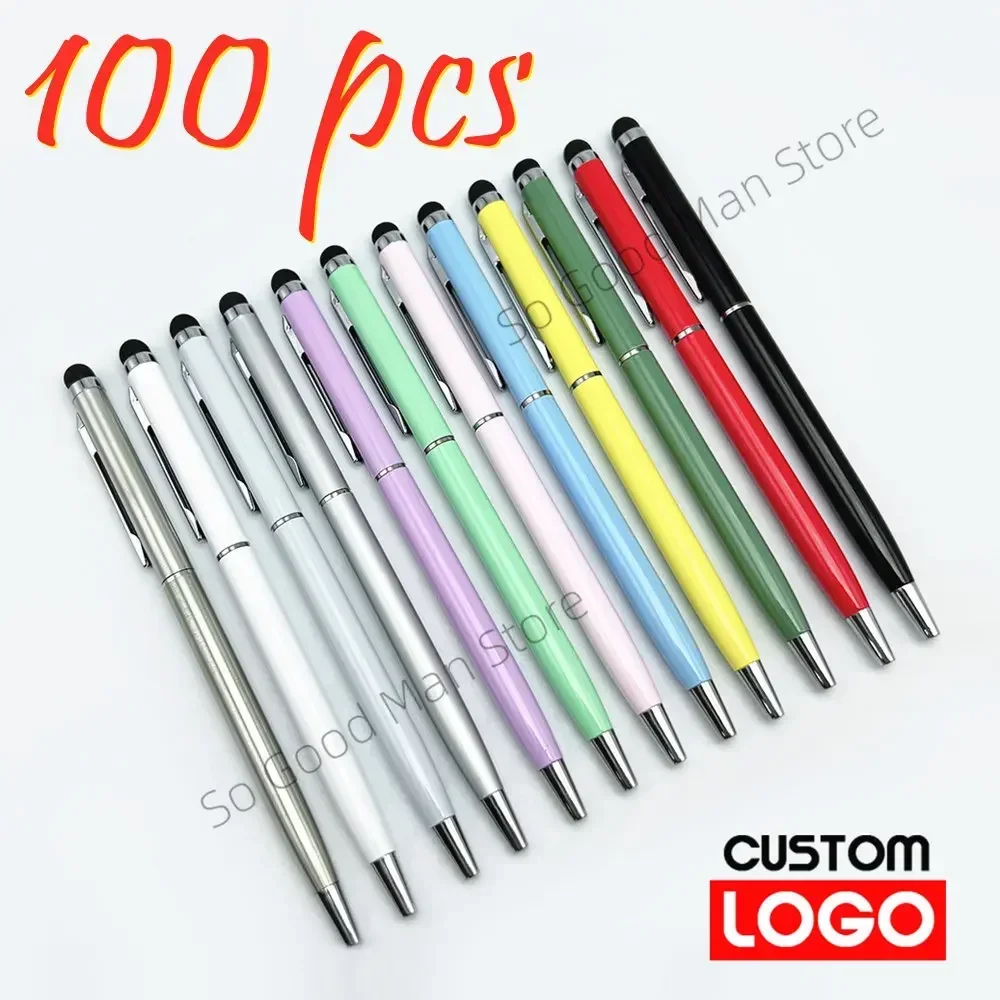 100 個 13 色金属 2-in-1 スタイラスユニバーサルボールペンカスタムロゴテキスト彫刻オフィス学校広告ペン卸売