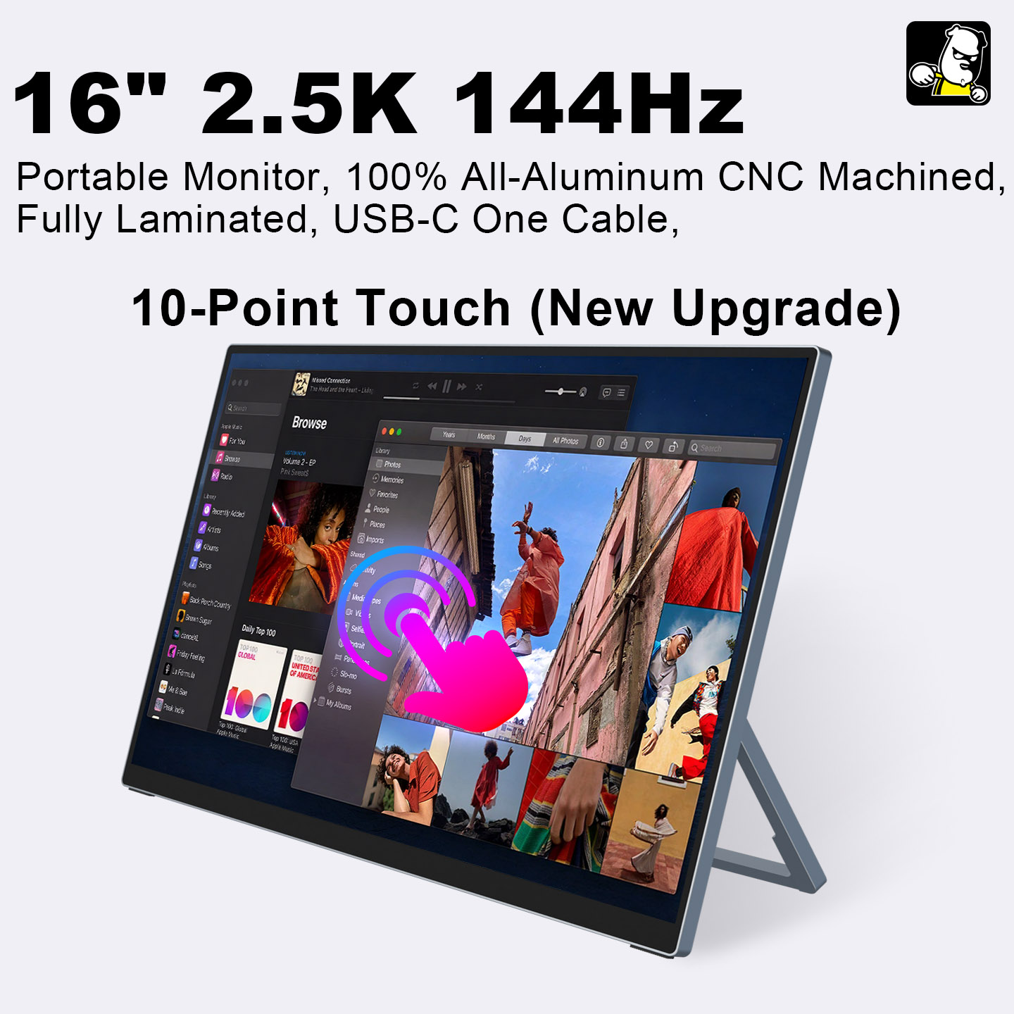 16インチ 2.5K タッチスクリーン フルアルミニウム CNC フルラミネート 144Hz 高解像度 高輝度 ワンケーブル ポータブルモニター