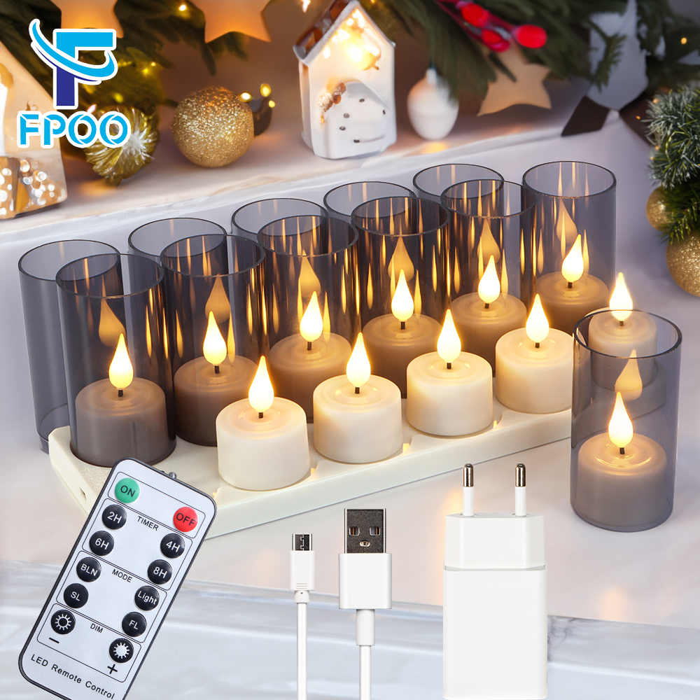 LED Candle Light Rechargeable Flameless Candles Timer Remote Tea Lights With Black Cups For Wedding Home Decor Indoor Lamp