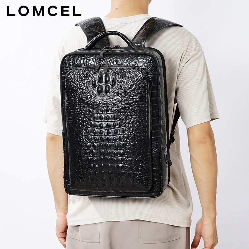 LOMCEL レザー クロコダイル柄メンズ ダブル ショルダー バッグ、牛革の最上層、ビジネス トラベル バックパック、シンプルでエレガント