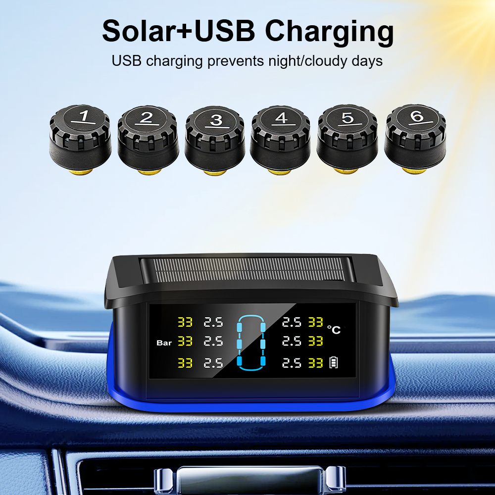 デジタル LCD ディスプレイ車のタイヤ空気圧警報ソーラー TPMS トラック RV TPMS 6 外部センサータイヤ空気圧監視システム