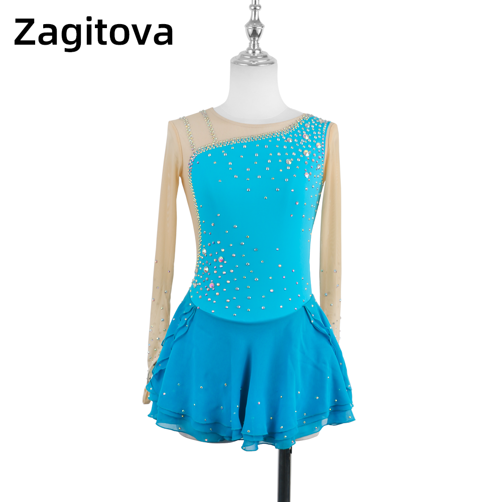 ZAGITOVA 女性ガールアイスフィギュアスケートドレス競技パフォーマンス長袖衣装ダンスレオタードスカート斜め肩