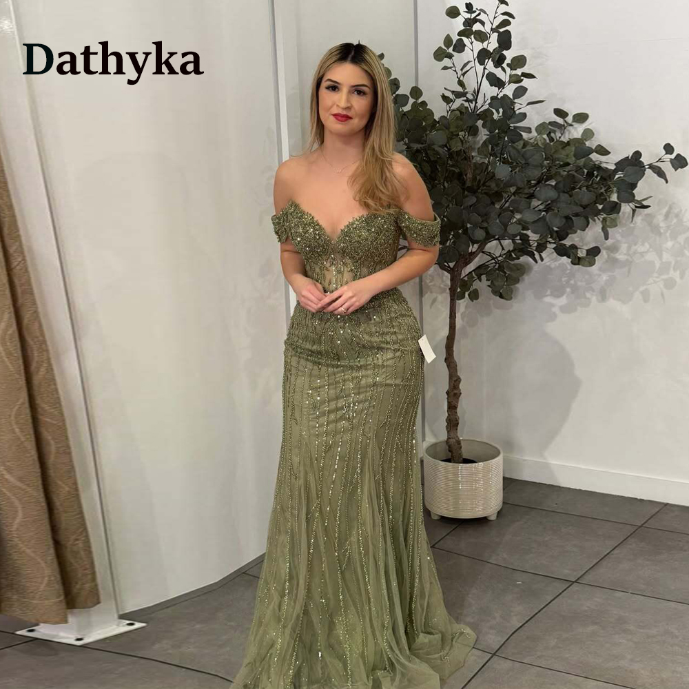 Dathyka チャーミング V ネック フォーマルイブニング ドレス レース アップリケ オフショルダー トランペット チュール プリーツ スイープ トレイン カスタマイズ