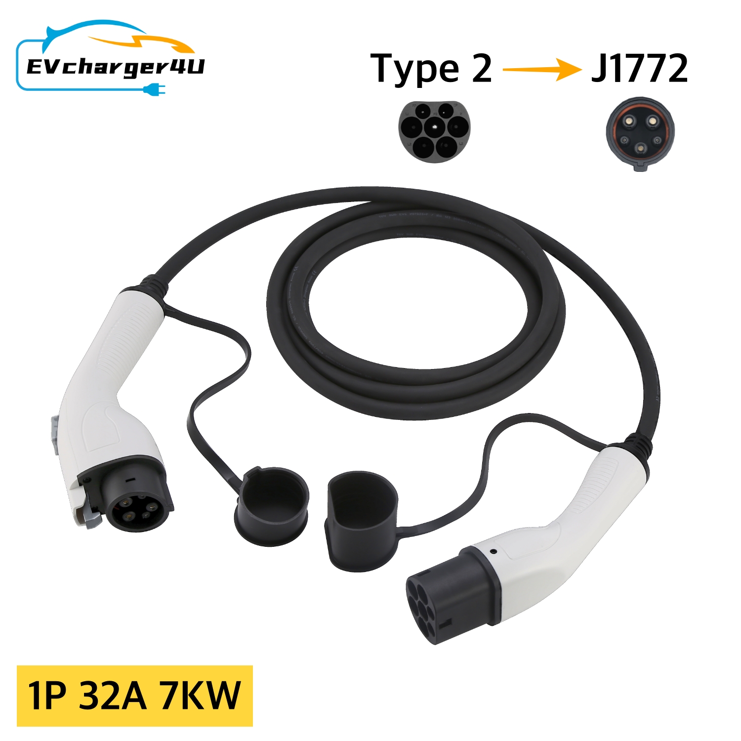 EVcharger4U タイプ 2 ～ タイプ 1 J1772 EV 充電ケーブル 1P 32A 7KW 4M 電気自動車用 公共充電ステーションで使用