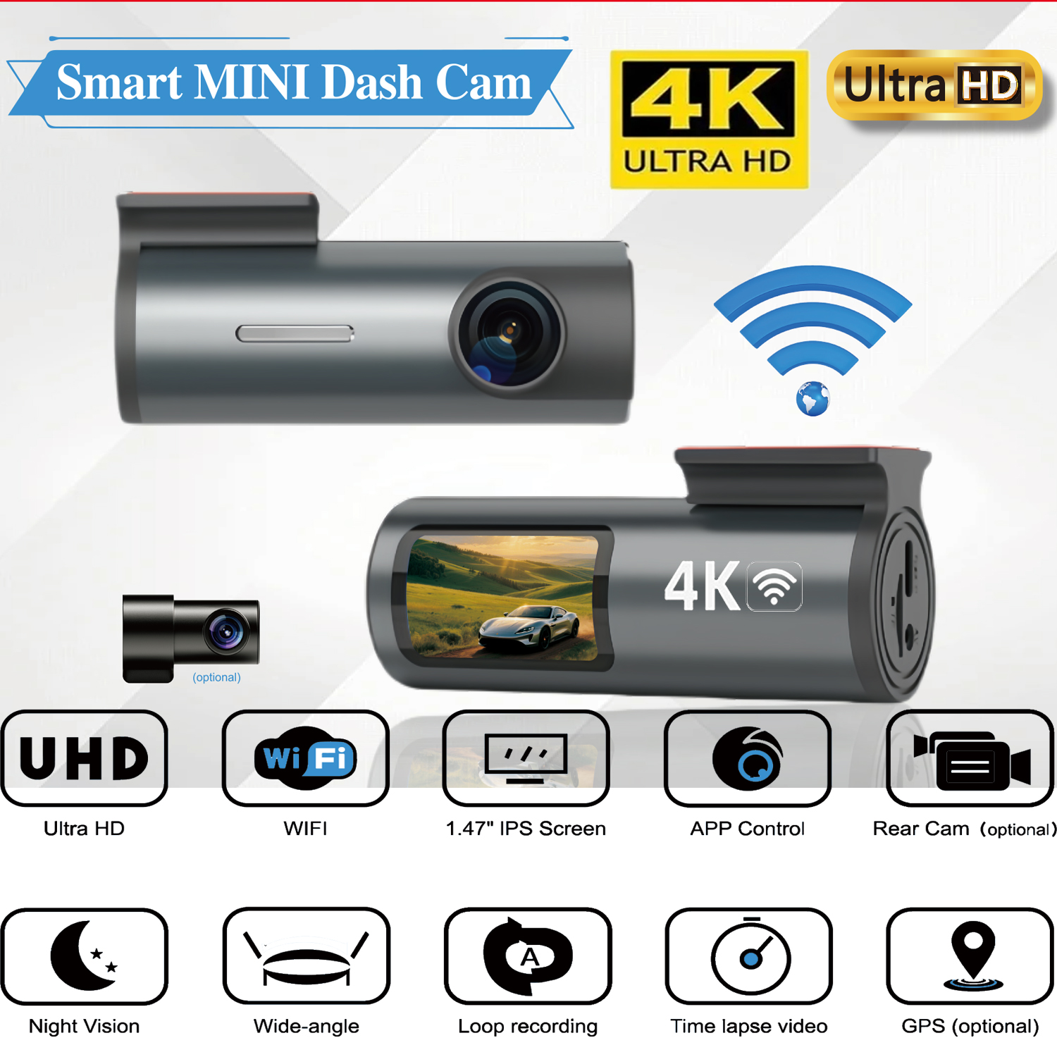 4K ミニフロントおよびリアパーキングカメラアプリで駐車監視を制御 内蔵 Wi-Fi GPS スーパーナイトビジョン 24 時間駐車監視