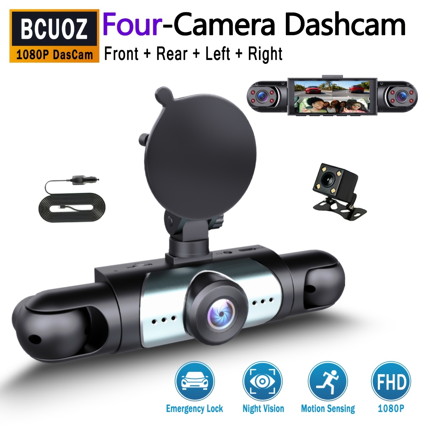 BCUOZ 4レンズ360°ドライブレコーダー、1080Pフロント720P内蔵リア左右カーカメラ、スーパーナイトビジョン、ループ録画、Gセンサー、WDR、12-24Vカープラグ電源、オプションの64GBメモリカード。