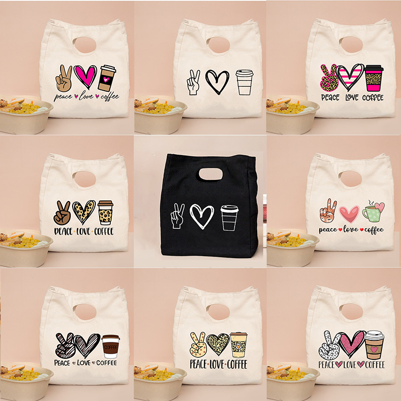 Peace Love コーヒープリント 機能クーラーランチボックス ポータブル 断熱キャンバスランチバッグ 保温食品 ピクニックトート 女性 子供用