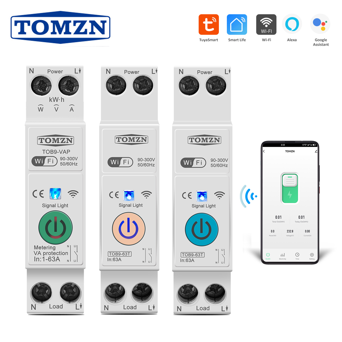 TOMZN 63A 1P N WIFI スマートスイッチエネルギーメーター kWh 計量監視タイマーリレー MCB TUYA Smartlife 電圧電流保護