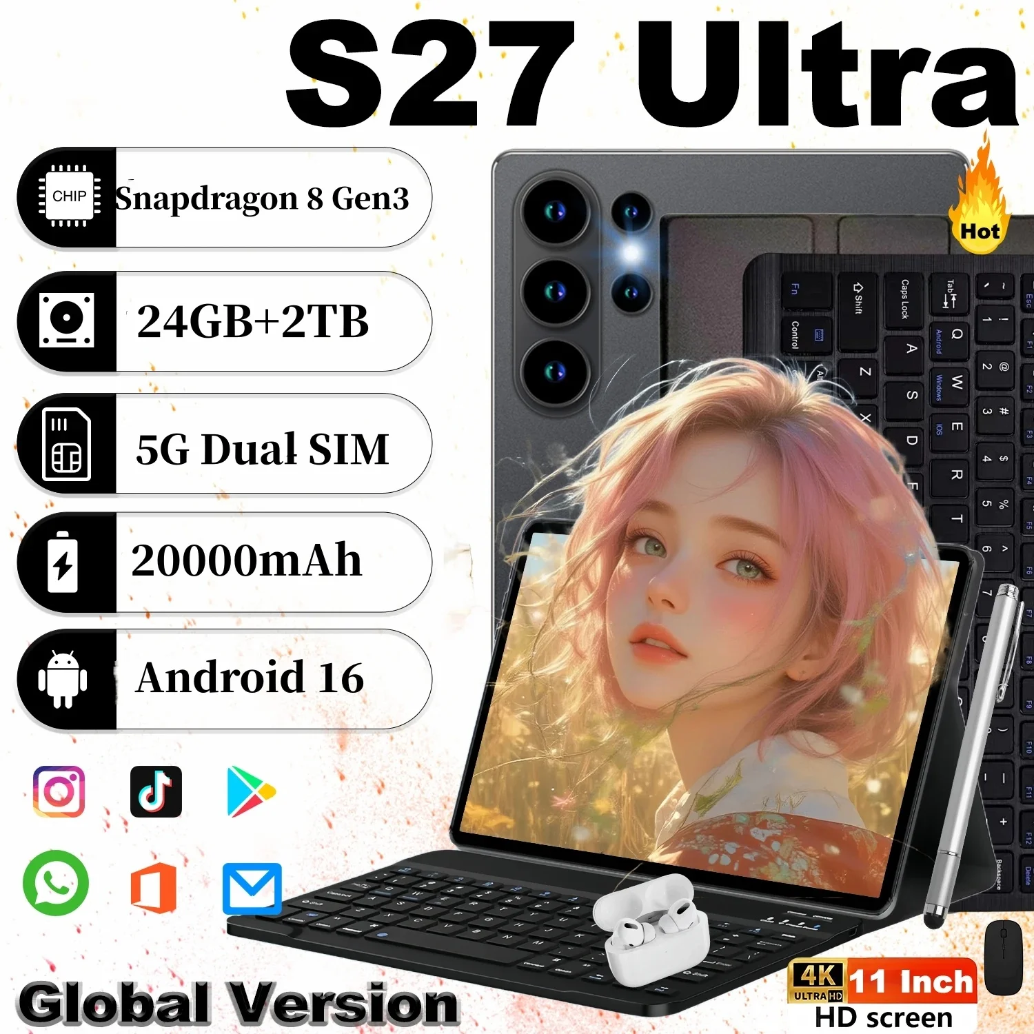 2026 5G タブレット Android 16 真新しい 11 インチ 24GB RAM 2TB ROM タブレット 20000mAh 10 コア WIFI Bluetooth ネットワーク MI タブレット