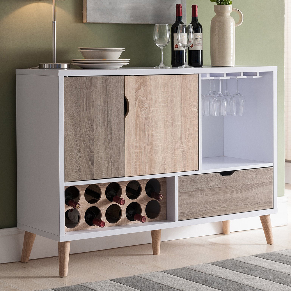#Mid-century White Buffet Wood Bar Wine Cabinet