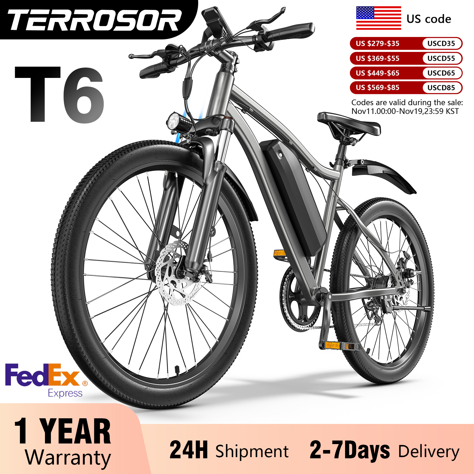 【1年保証】Terrosor電動自転車、大人用26インチファットタイヤ電動自転車、350Wピーク、電動マウンテンバイク、時速19.9マイル、Eバイク UL2849