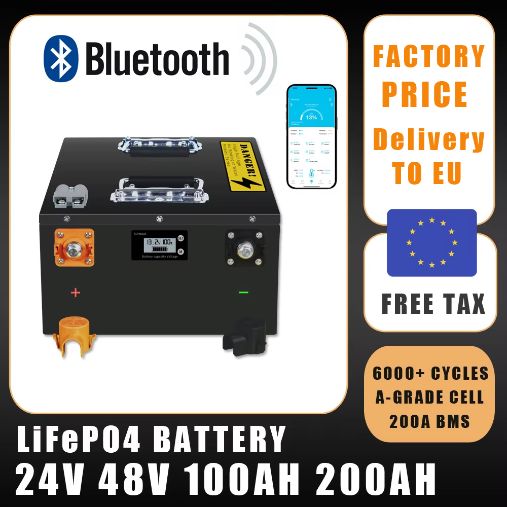 24V 48V 50Ah 100Ah 200AH LiFePO4 バッテリーパック内蔵 Bluetooth BMS ソーラー家庭用ストレージゴルフカートボート RV 税金フリー
