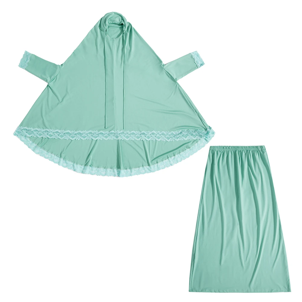 イスラム教徒の女の子レースフード付きヒジャブアバヤローブ Khimar トップスチューブスカート 2 枚スーツイスラム祈り衣服イードカフタンドレスカフタン