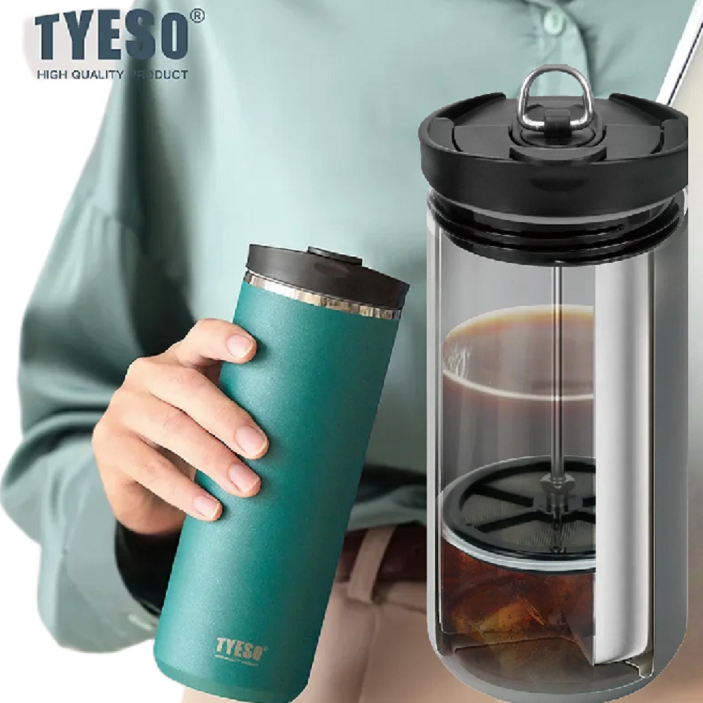 Tyeso コールドブリューコーヒーメーカー フレンチプレス 魔法瓶 トラベルマグ 304 ステンレス鋼 ポータブル ティーインフューザー 二重壁断熱