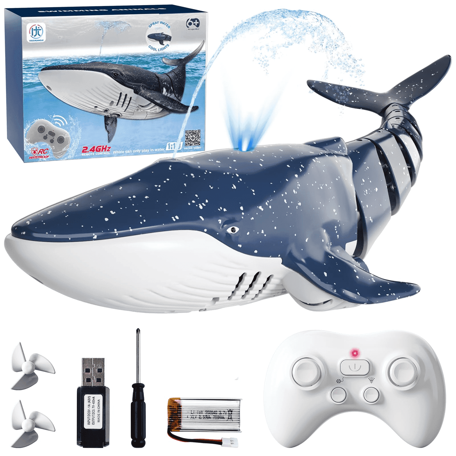 2.4G RC ジンベエザメのおもちゃ、電動リモコンサメ、水スプレー付き