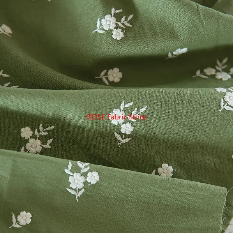 ヴィンテージ刺繍花ピンクグリーン綿とリネン生地手作り縫製服ドレスデザイナー生地 DIY 生地 1 メートル