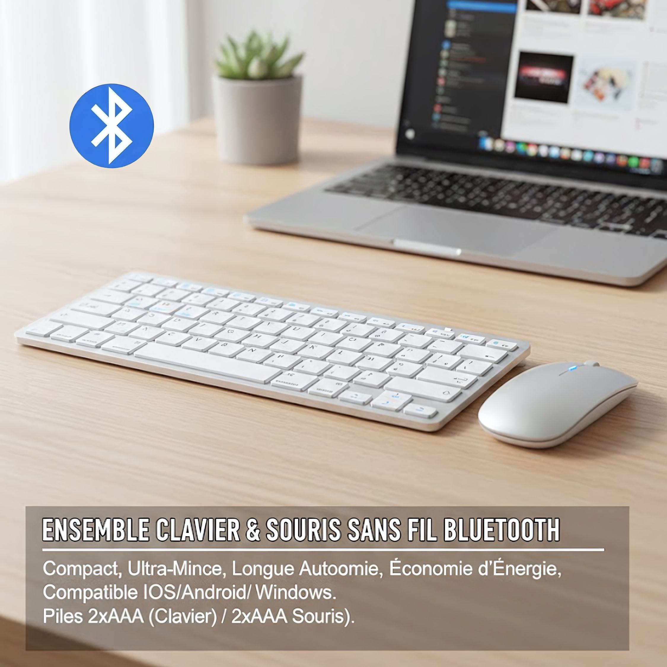 フランス製 Bluetooth キーボード マウス コンボ AZERTY ワイヤレス Bluetooth マウス ウルトラスリム ミュート Mac iPad iPhone iOS Android Windows 用