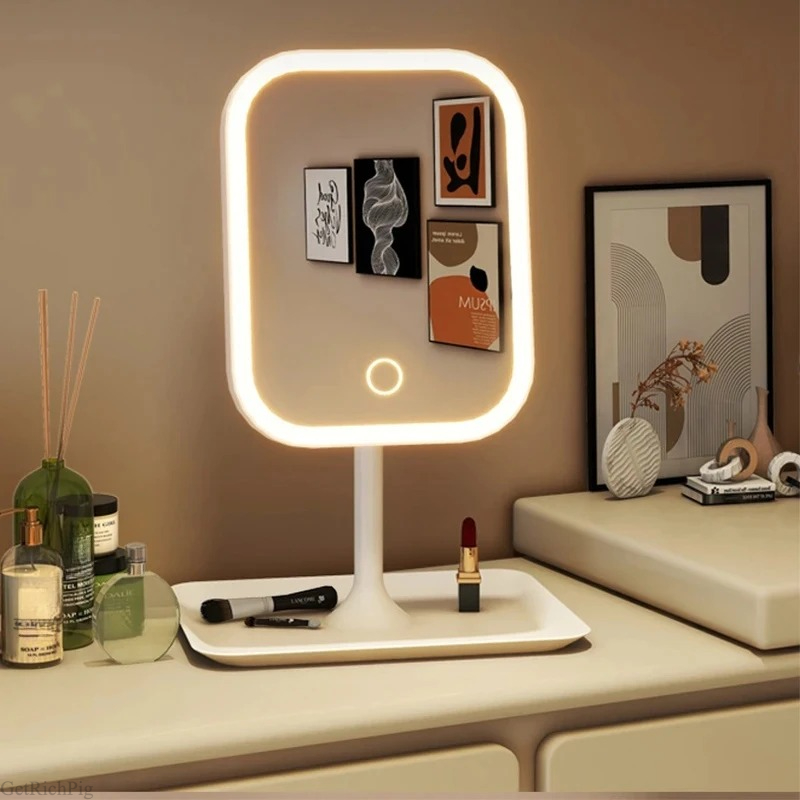 ユニークなデザイナーバニティミラー 3 色 LEDLight 化粧鏡タッチコントロールデスクトップミラー寝室のドレッシングミラー