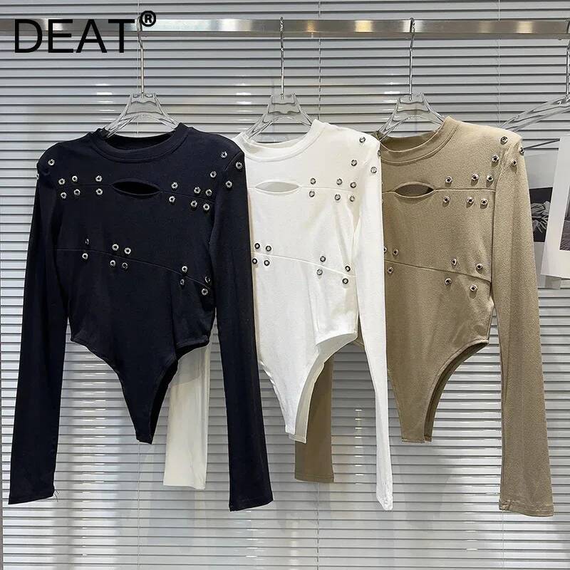 DEAT 2026 夏セクシーな新ホットガールメタルリベットデザインワンピースボディスーツスリムフィット長袖ストレッチ Tシャツ女性のための 11B551