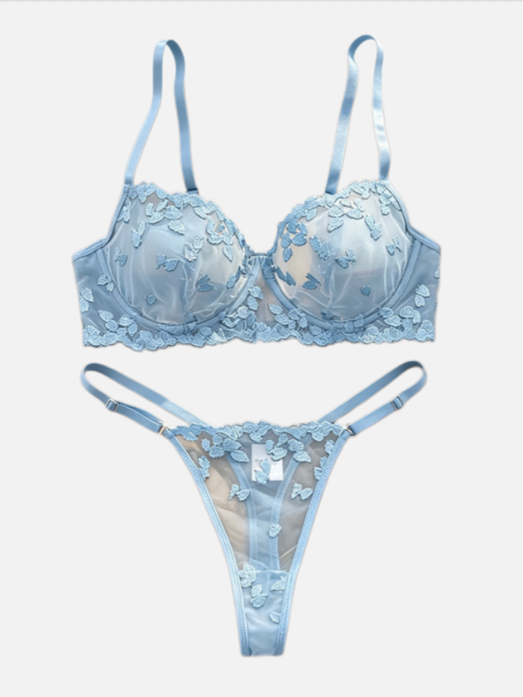 French Style Transparent Mesh Two Piece Lingerie Blue Lace Bra and Panties Set Women Sexy Eyelash Lace Underwear