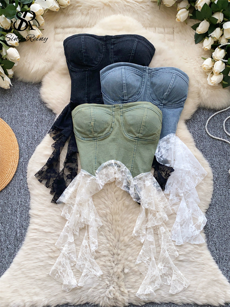 SINGREINY レーススプライスデニムトップス女性のストラップレスノースリーブ弾性スリムフィット Camsiole 夏ストリート不規則なタンクトップ