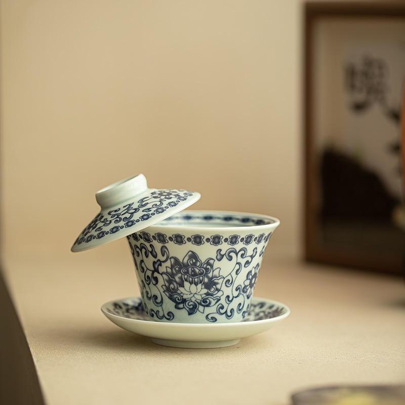アンティークグリーン釉もつれロータスカバーボウル Sancai 茶ボウルホバー茶ボウル家庭用セラミックカンフーティーセットクラフト装飾品
