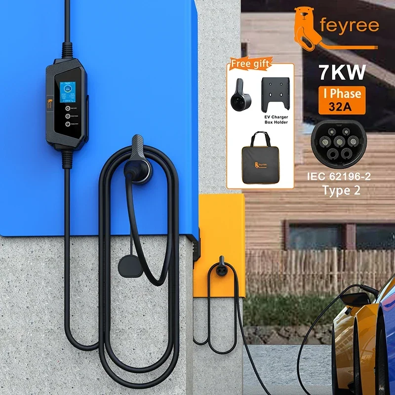 Feyree スマートポータブル EV 充電器 Type2 ケーブル 32A 7KW 電気自動車用急速充電電流設定充電時間調整付き