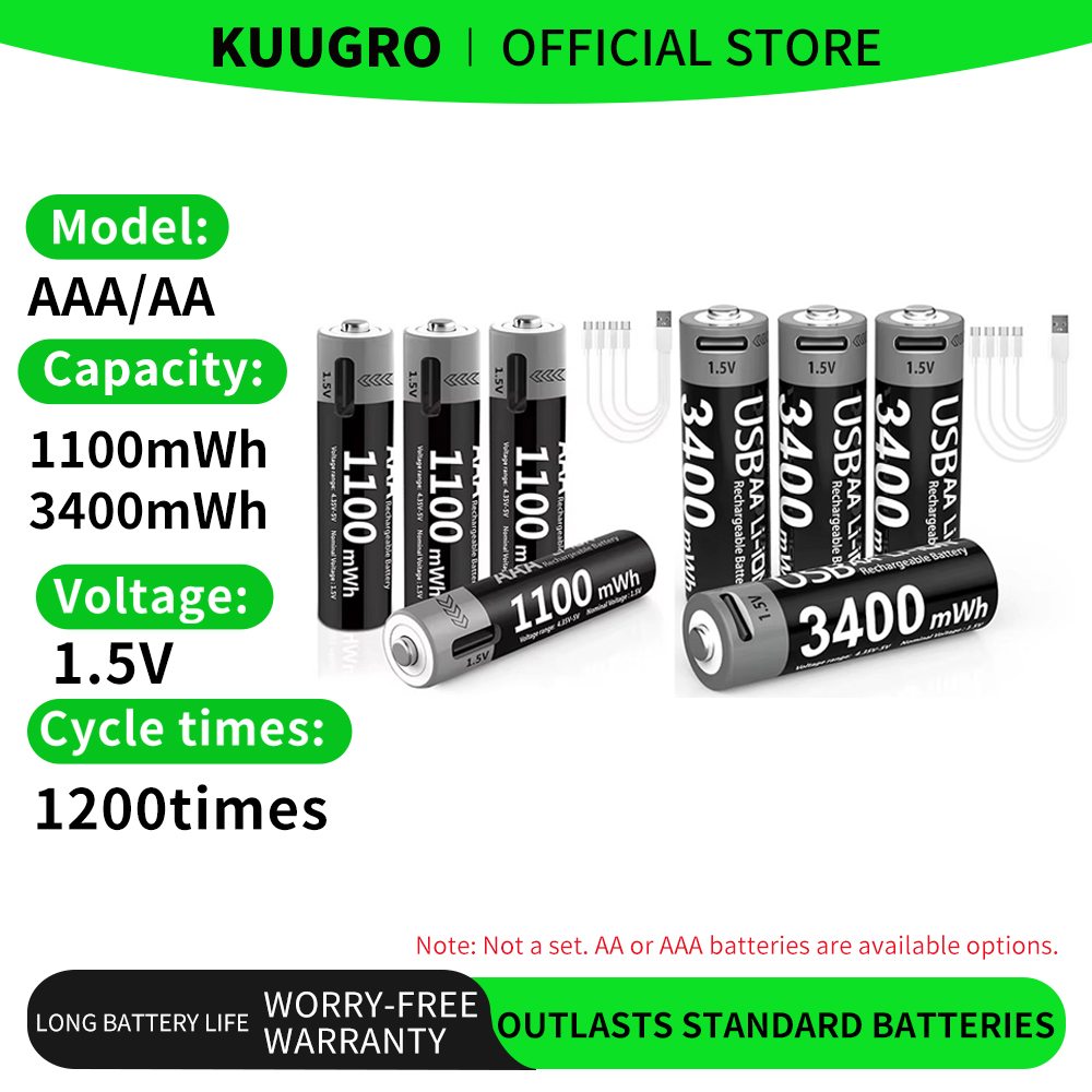 Kuugro リチウムイオン AAA および AA 充電式電池 USB リチウムイオン 3400mWh 1.5V AA 充電式電池 1100mWh 1.5V AAA 電池