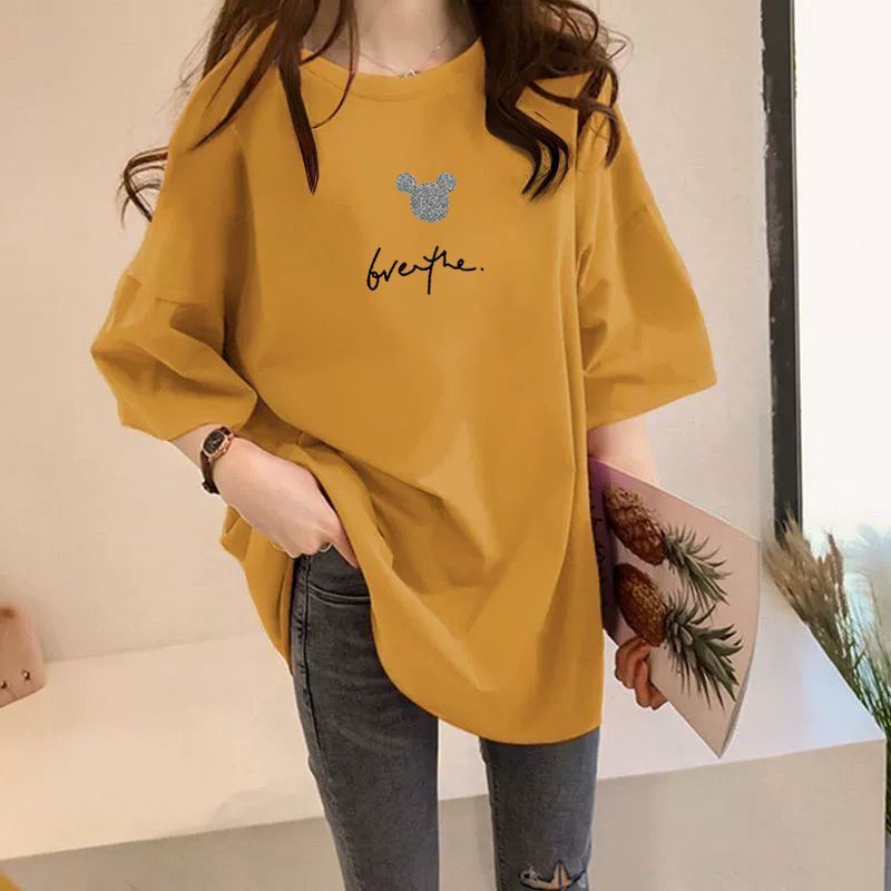 漫画ミッキープリント半袖 Tシャツ女性の夏の新綿韓国語バージョンのルーズプラスサイズラウンドネック Y2K トップシャツ