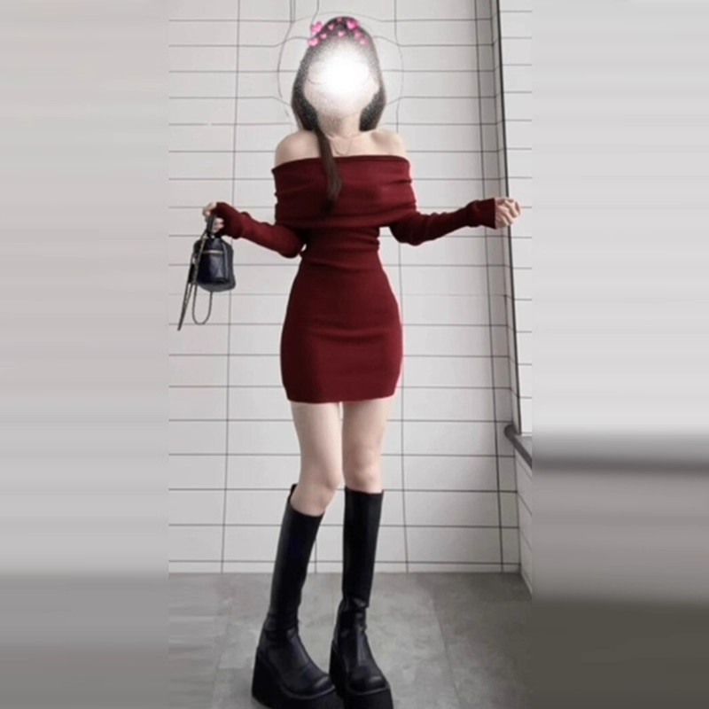エレガントなレッドワンショルダーボディコンドレス女性のベースレイヤーラップアラウンドスカートハイウエストショート丈ポリエステル生地ピュアカラー