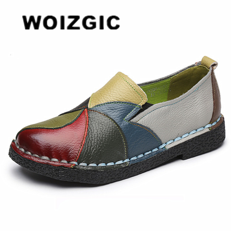 WOIZGIC レディース レディース 女性 母靴 フラット 本革 ローファー モカシン ミックス カラフル ノンスリップ オン プラスサイズ 42