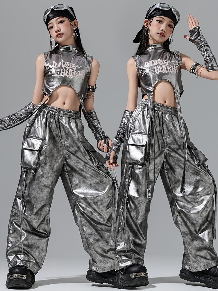 ヒップホップダンス衣装 Kpop パフォーマンス衣装子供キャットウォークコンサート服ステージ摩耗女の子シルバージャズ服