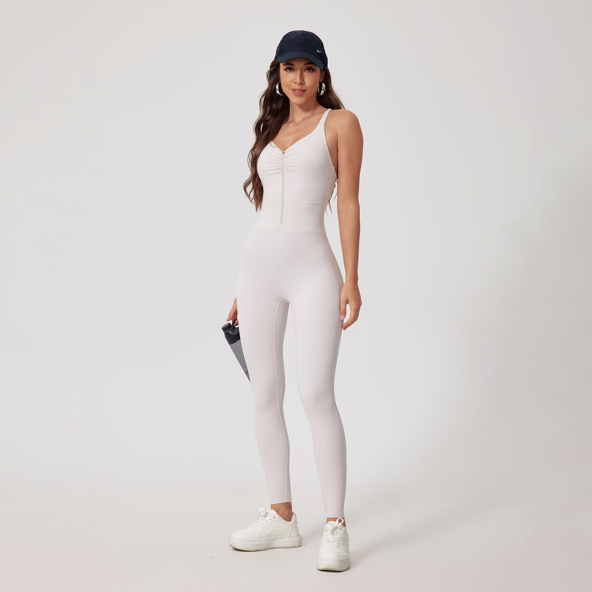 ワンピースヨガスーツ V 襟ジッパー女性ヨガセットアウトドアスポーツフィットネスジャンプスーツクイックドライランニングタイトフィットジムスポーツウェア