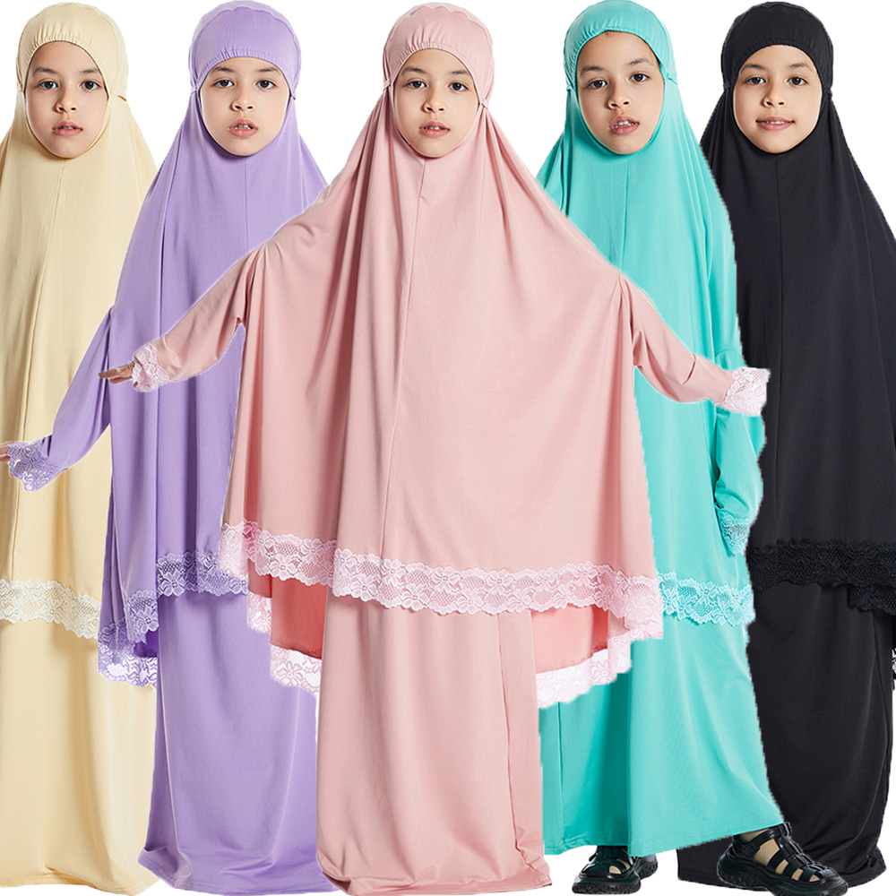 イスラム教徒の子供女の子ヒジャブドレスラマダンキマールスカートセットオーバーヘッドイード祈り衣服ブルカアバヤローブカフタンフード付きガウン