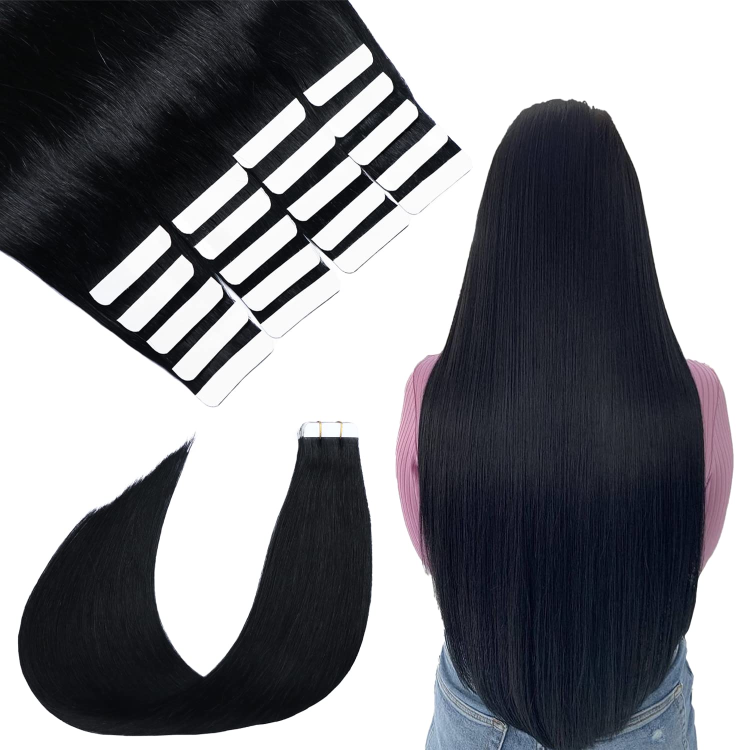 テープインヘアエクステンション ストレートテープインヘア レミーテープインヘアエクステンション 人間の髪の色 1 ジェットブラック 18 インチ 20 個 50g