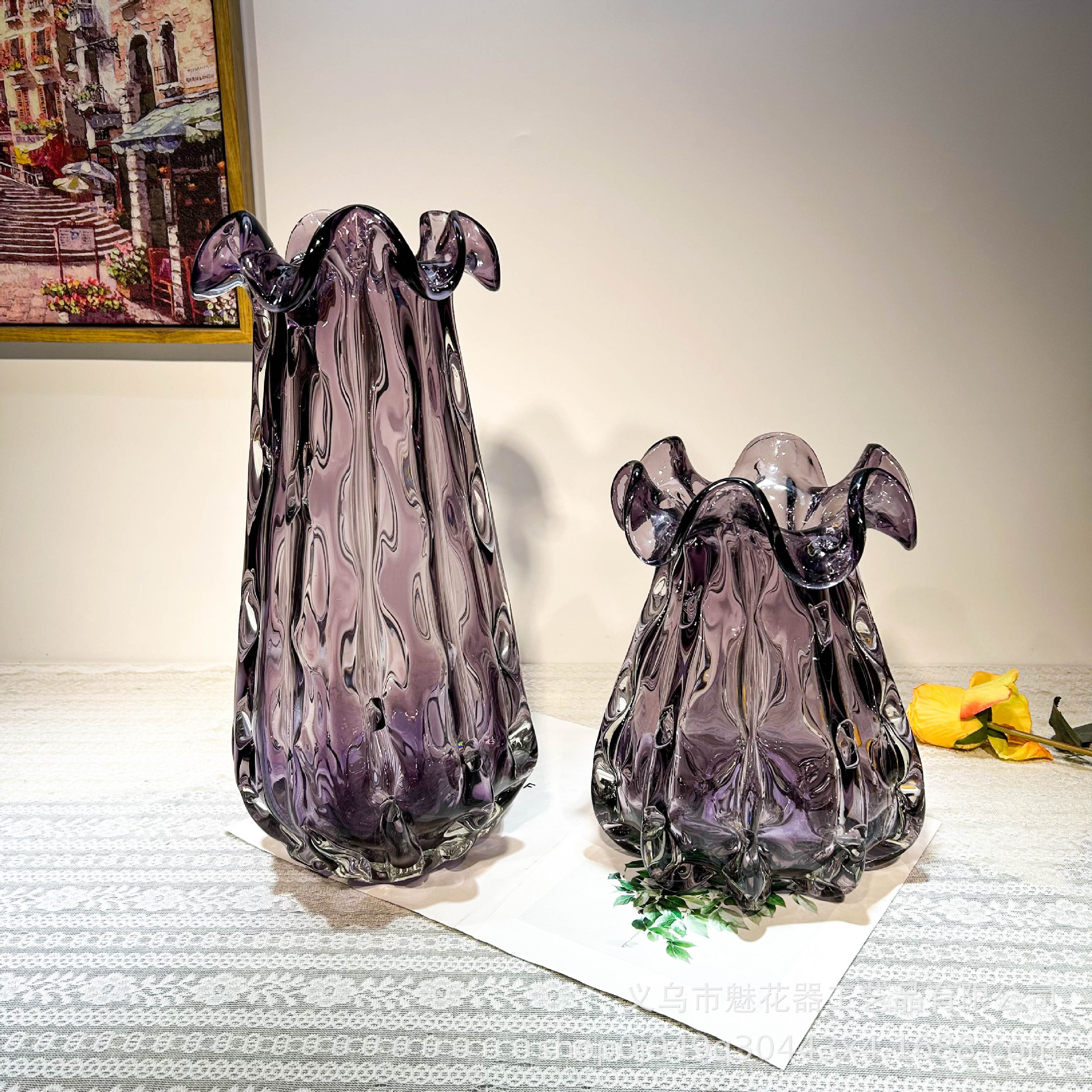 現代の重工業紫釉マネーバッグ花瓶飾りホームファニシングリビングルームフラワーアレンジメント水耕栽培モデル