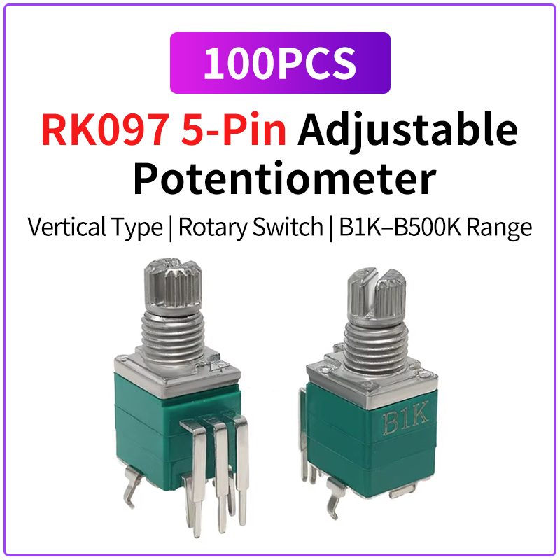 100 個 RK097 ポテンショメータ 5Pin 垂直スイッチ付き 10 ミリメートルシャフト B1K B5K B10K B50K B100K B500K シングルターン