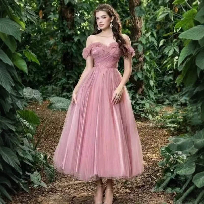 BOMARIS ダスティピンクのイブニングパーティードレス Vestidos デフェスタファッションオフショルダーチュール Abendkleider フォーマルウエディングドレスカスタマイズ