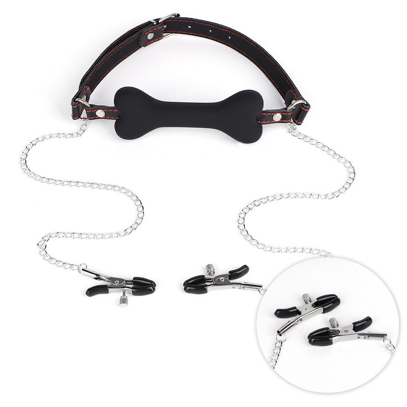 BDSM ボンデージ口ギャグと乳首クランプセット、シリコン犬骨ギャグ、カップル用革拘束おもちゃ、大人の SM セックスプレイ 18
