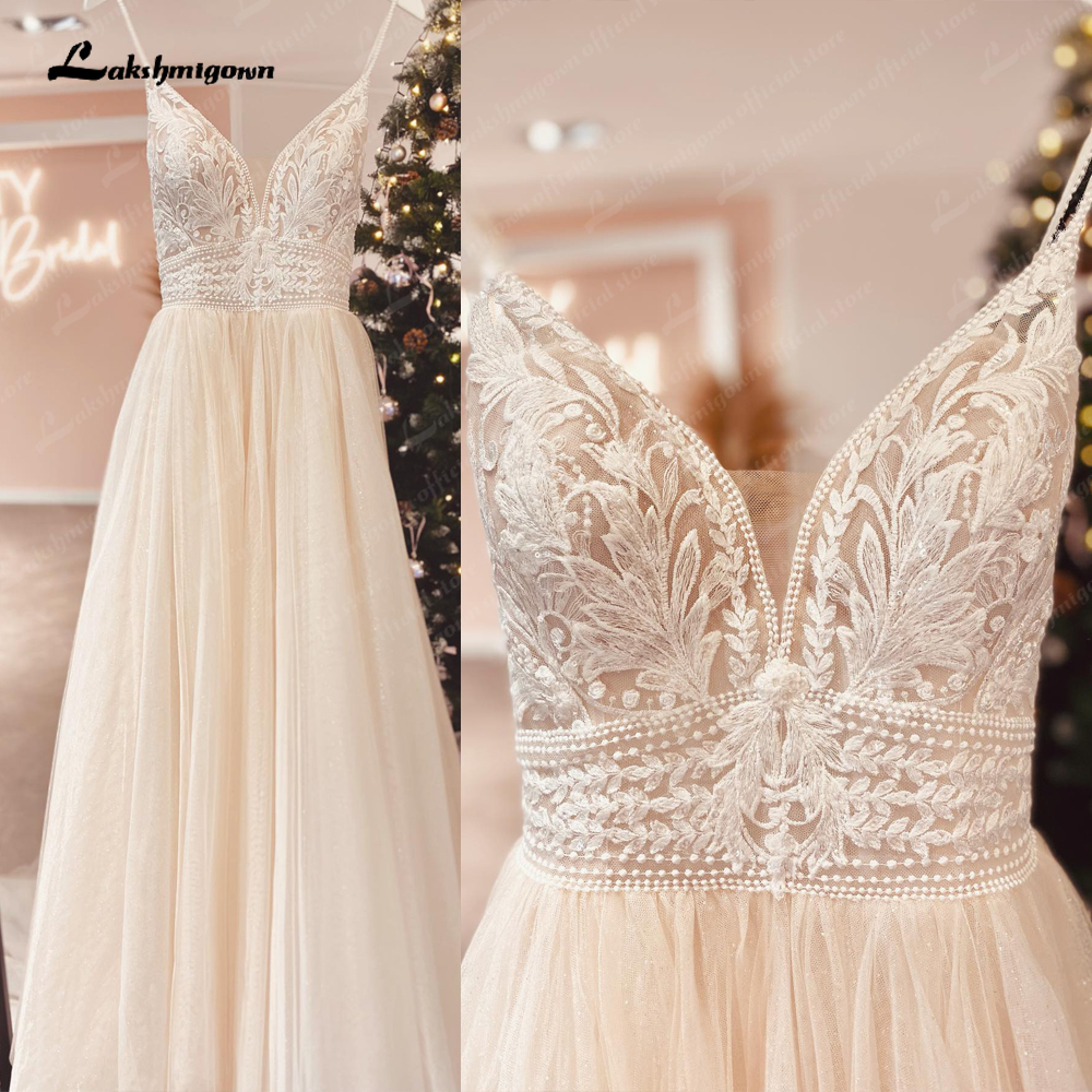 Lakshmigown スパゲッティストラップシャンパン自由奔放に生きるウェディングドレス女性のための Vestido シビルブライダルカスタマイズされたウェディングドレス suknie slubne