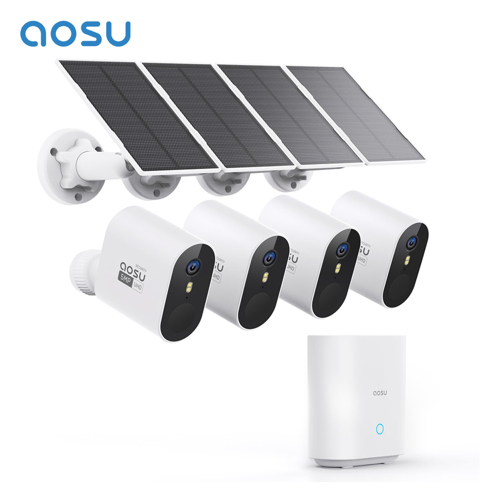 リニューアルAOSU 5MPソーラーカメラシステム屋外4カムキットワイヤレスWiFiセキュリティソーラーカメラセットカラーナイトビジョン2ウェイトークCCTVカム