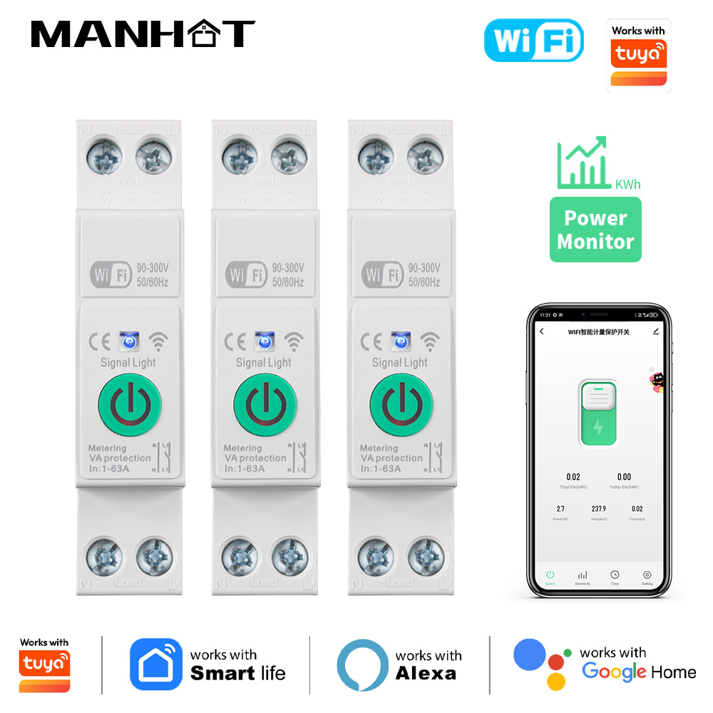 1-63A 1P N WiFi スマートサーキットブレーカースイッチ Kwh 計量タイマーリレー MCB 電圧電流保護 Tuya Alexa Google と連携